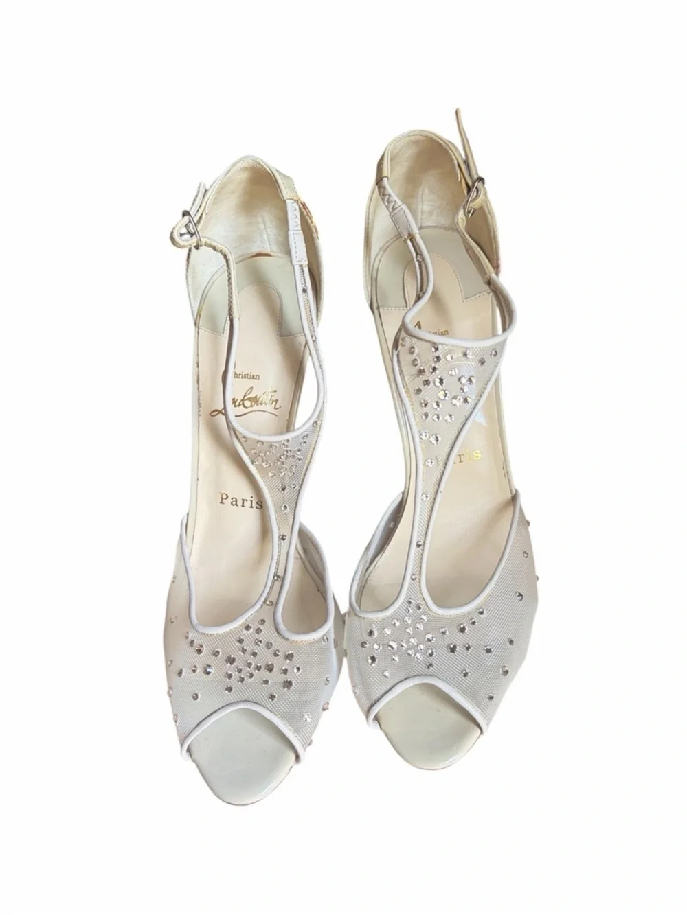 Christian Louboutin Nude Mesh T-Strap Crystal Sandal with Red Heel